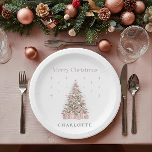 Modern Blush Christmas Tree Personalized Holiday  Paper Plate