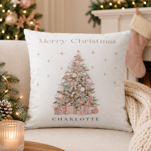 Modern Blush Christmas Tree – Personalized Holiday Throw Pillow
