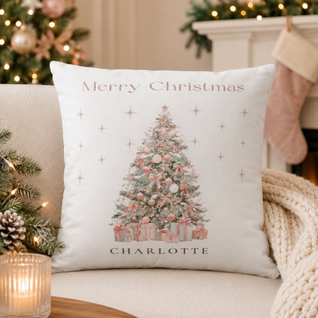 Modern Blush Christmas Tree – Personalized Holiday Throw Pillow (Creator Uploaded)