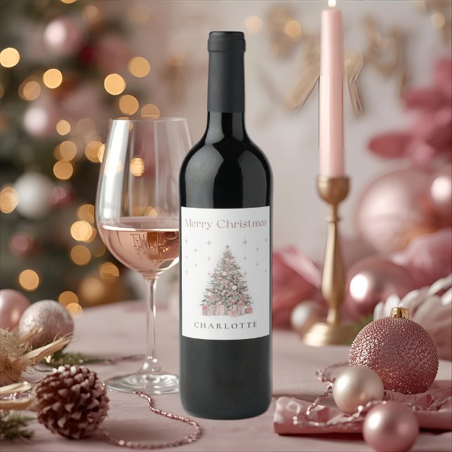 Modern Blush Christmas Tree Wine Label (Creator Uploaded)