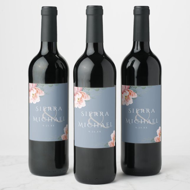 Modern Blush Dusty Blue Floral Wedding Reception Wine Label (Bottles)