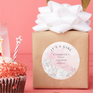 modern blush floral baby shower It's a Girl Classic Round Sticker