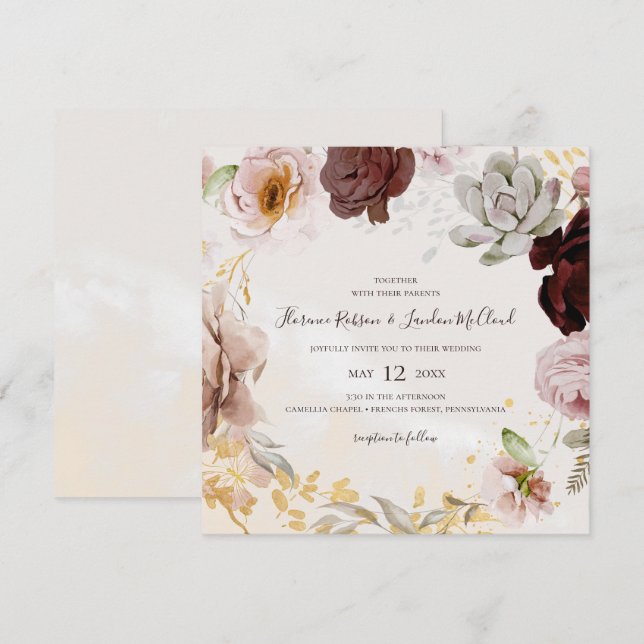 Modern Blush Floral | Marble Square Wreath Wedding Invitation (Front/Back)
