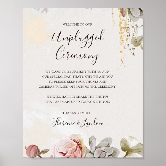 Modern Blush Floral | Marble Unplugged Ceremony Poster (Front)