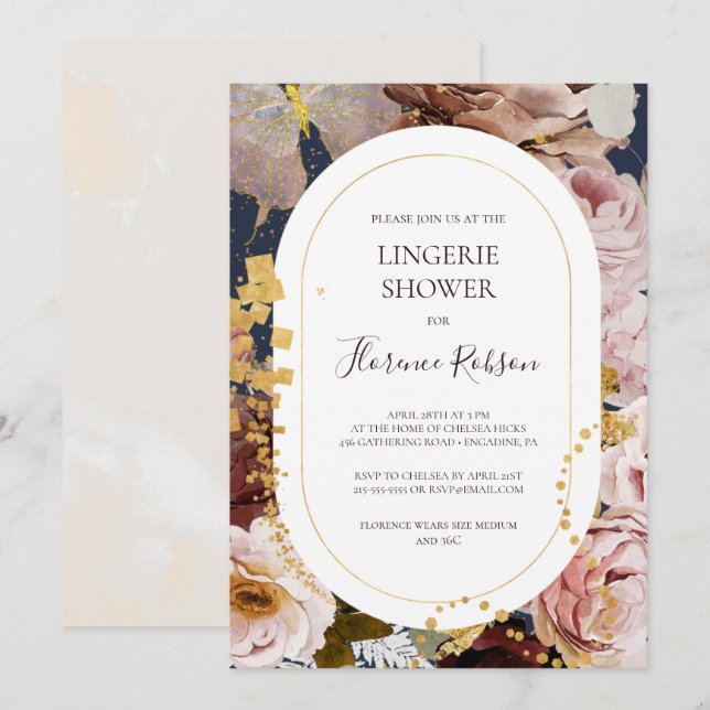 Modern Blush Floral | Navy Lingerie Shower Invitation (Front/Back)