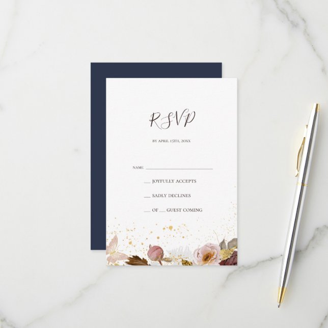 Modern Blush Floral | Navy RSVP Card (Front/Back In Situ)