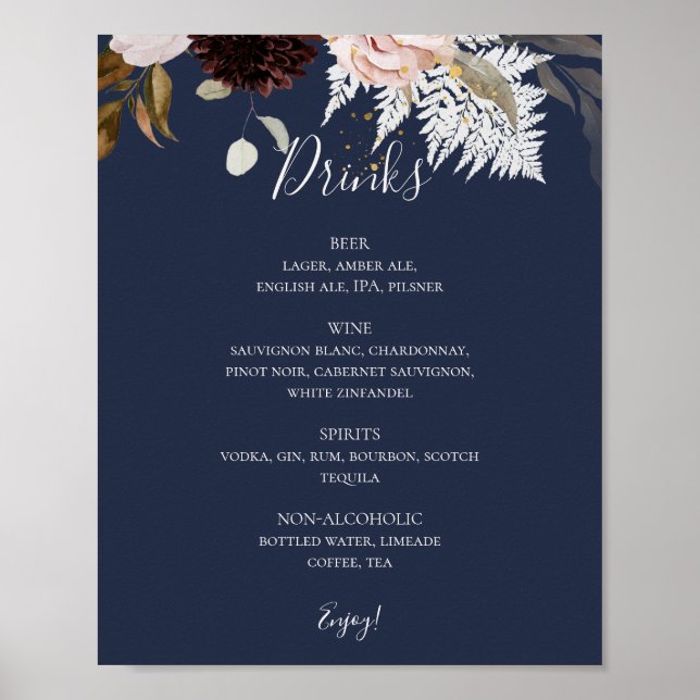Modern Blush Floral | Navy Wedding Drinks Menu Poster (Front)