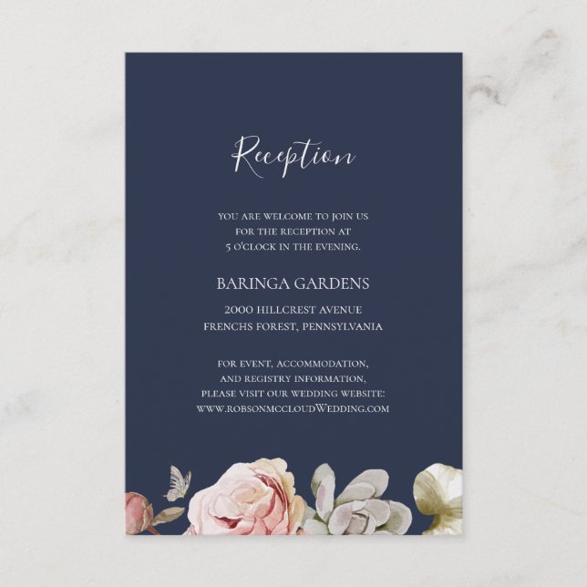 Modern Blush Floral | Navy Wedding Reception Enclosure Card (Front)