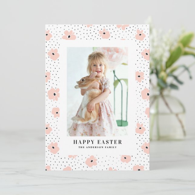 Modern Blush Floral Pattern Photo Happy Easter Holiday Card (Standing Front)