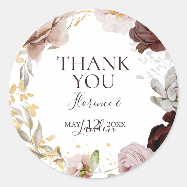 Modern Blush Floral | Thank You Wedding Favour Classic Round Sticker (Front)