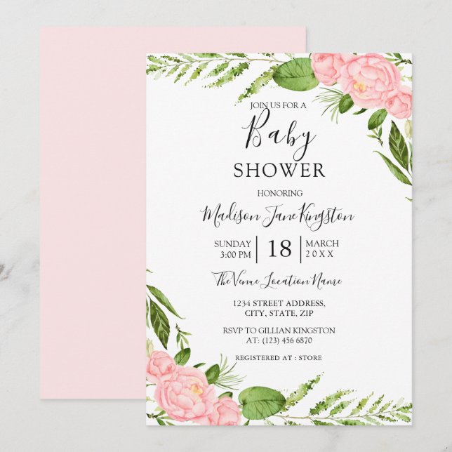 Modern Blush Floral Watercolor Baby Shower Invitation (Front/Back)