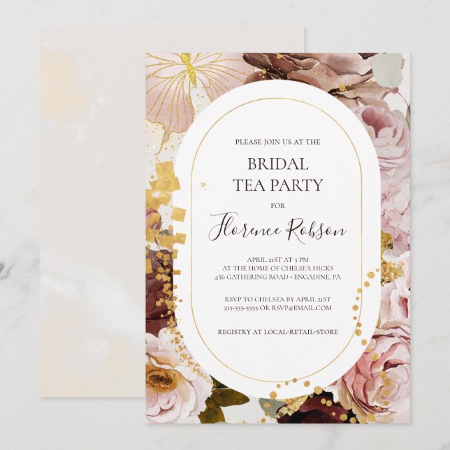 Modern Blush Floral Watercolor Bridal Tea Party Invitation (Front/Back)
