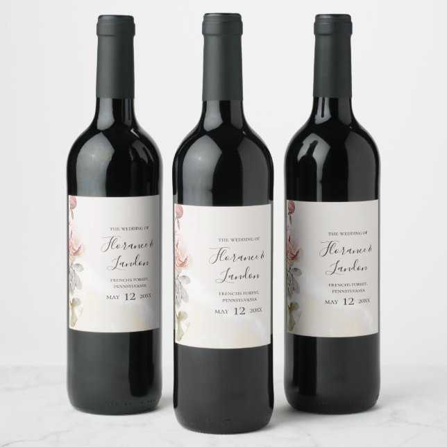 Modern Blush Floral Watercolor Wedding Wine Label (Bottles)