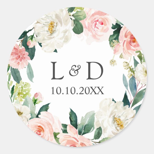 Modern Blush  Floral Wedding Classic Monogram Round Sticker (Front)