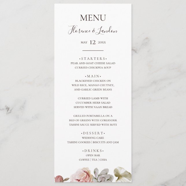 Modern Blush Floral | Wedding Dinner Menu (Front)