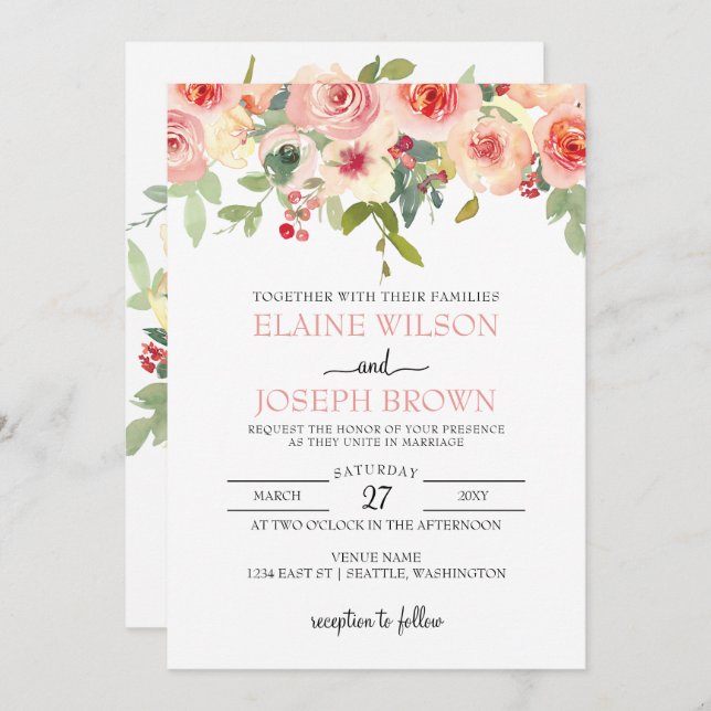 Modern Blush Floral Wedding  Invitation (Front/Back)