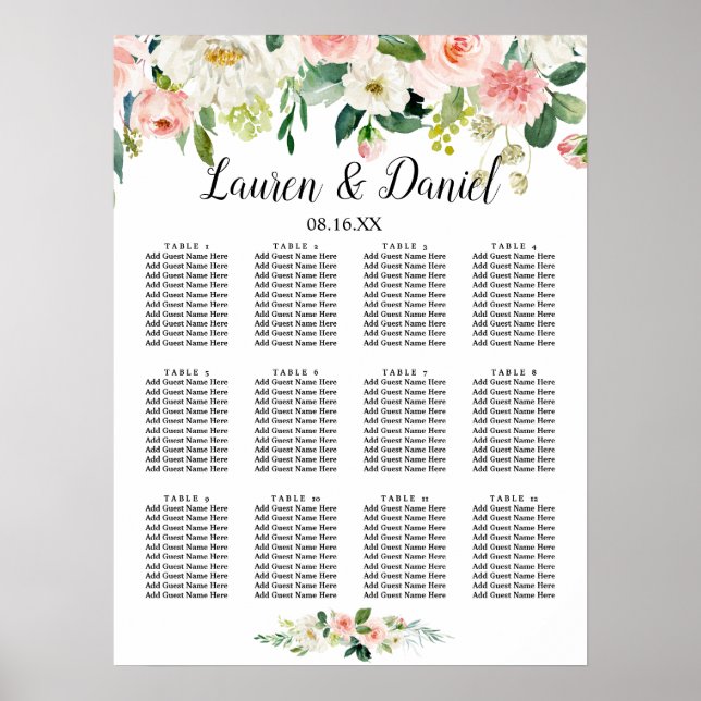 Modern Blush Flowers Wedding  Seating Chart (Front)