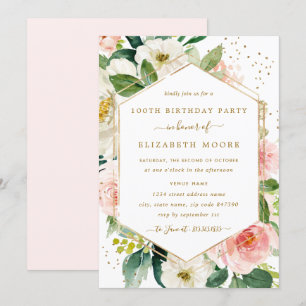 Modern Blush Gold Floral 100th Birthday Invitation