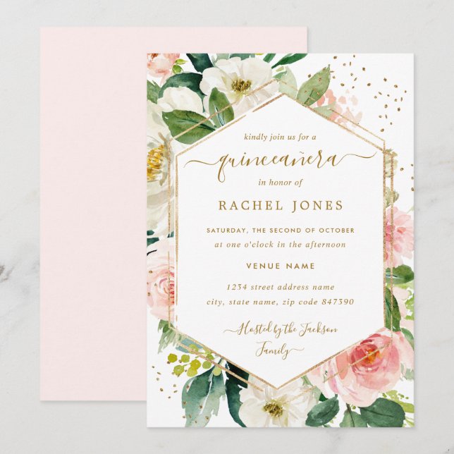 Modern Blush Gold Floral Watercolor Quinceanera Invitation (Front/Back)