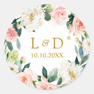 Modern Blush Gold Floral Wedding Classic Monogram Classic Round Sticker