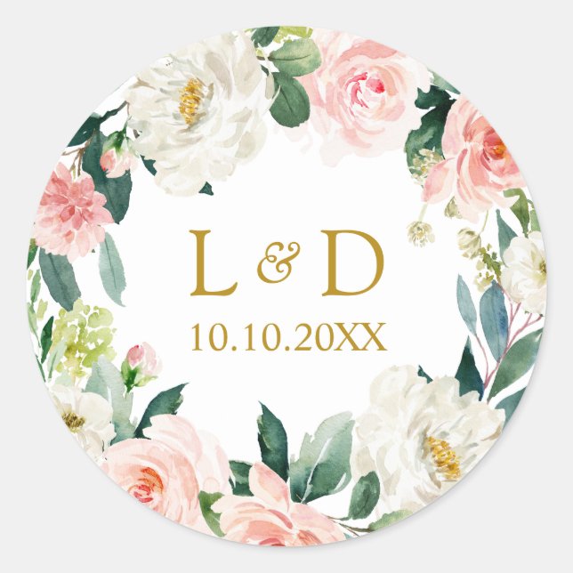Modern Blush  Gold Floral Wedding Classic Monogram Classic Round Sticker (Front)
