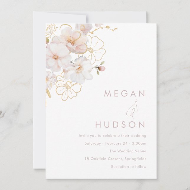 Modern Blush & Gold Wildflower Wedding Invitation (Front)