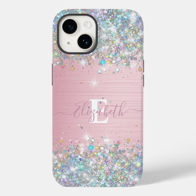 Modern Blush Holographic Faux Glitter Monogram Case-Mate iPhone Case (Back)