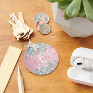 Modern Blush Holographic Faux Glitter Monogram Keychain