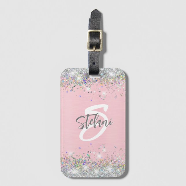 Modern Blush Holographic Faux Glitter Monogram Luggage Tag (Front Vertical)