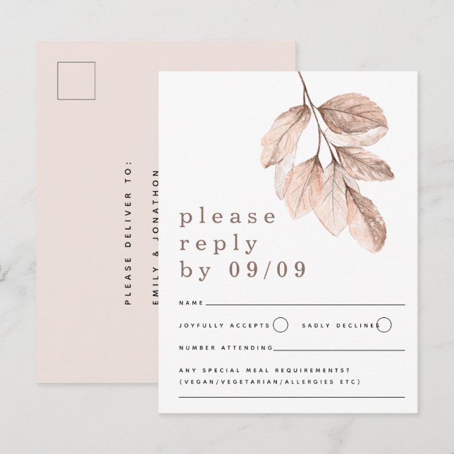 Modern Blush Leaves Wedding RSVP Postcard (Front/Back)