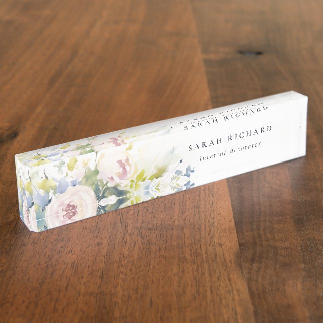 Modern Blush Lilac Watercolor Rose Floral Bunch Nameplate (Side)