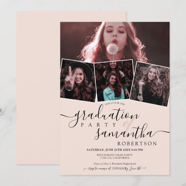 Modern blush minimalist script 4 photos graduation invitation (Front/Back)