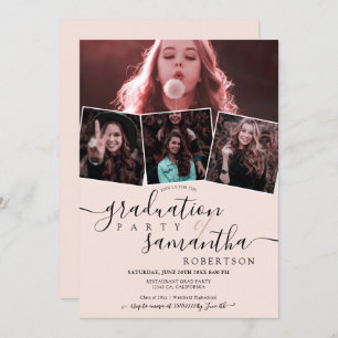 Modern blush minimalist script 4 photos graduation invitation