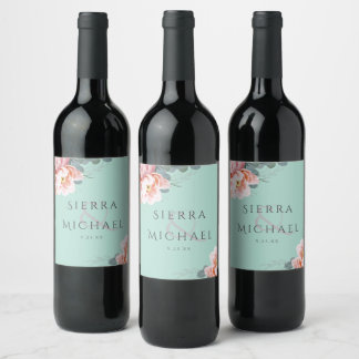 Modern Blush Mint Green Floral Wedding Reception Wine Label