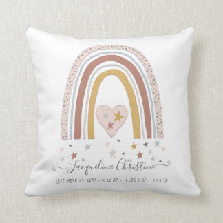 Modern Blush Muted Rainbow Baby Girl Birth Stats Throw Pillow