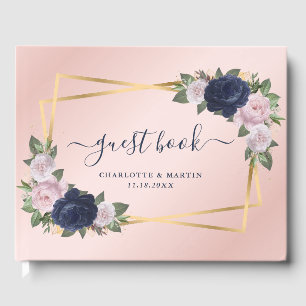 Modern Blush Navy Blue Gold Geometric Wedding Guest Book