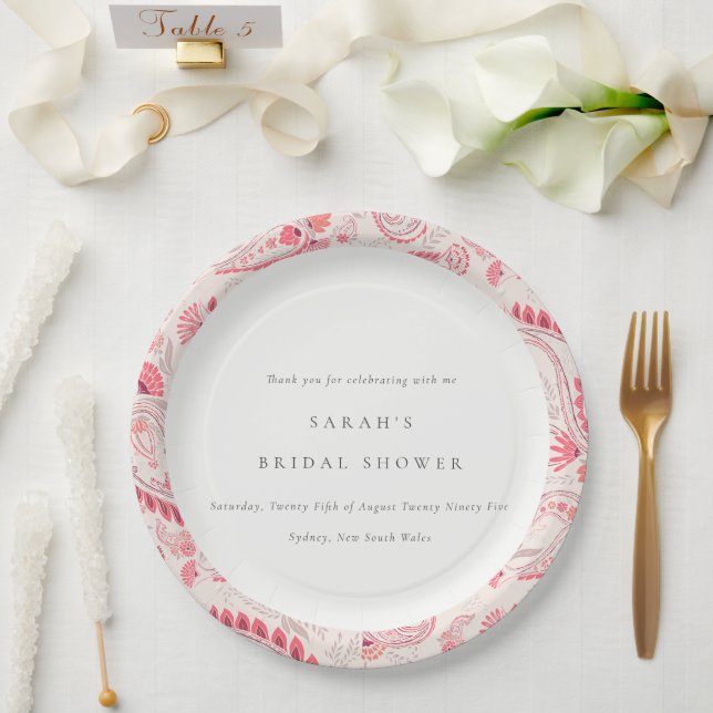 Modern Blush Paisley Typography Bridal Shower Roun Paper Plate (Wedding)