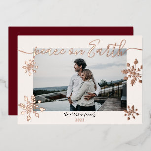 Modern blush Peace script snowflakes photo Foil Holiday Card