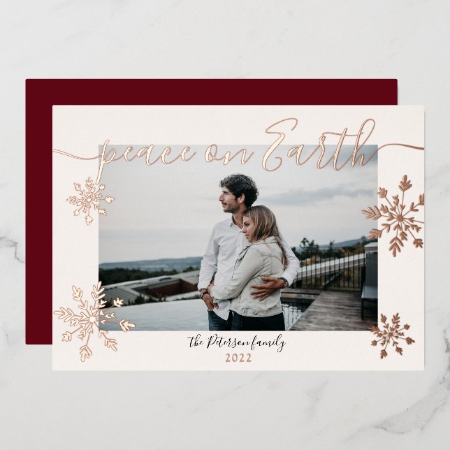 Modern blush Peace script snowflakes photo Foil Holiday Card (Front/Back)