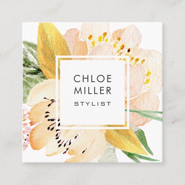 Modern Blush Peach Floral Square Business Cards (Front)