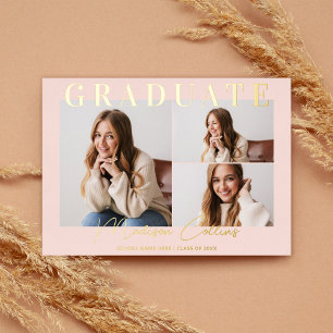 Modern Blush Pink 3 Photo Graduation Gold