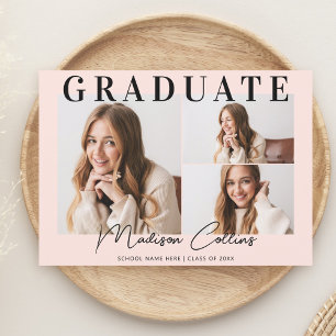 Modern Blush Pink 3 Photo Graduation Party Invitation