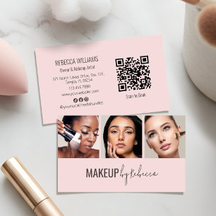 Modern Blush Pink 3 Photo QR Code Makeup Business Card