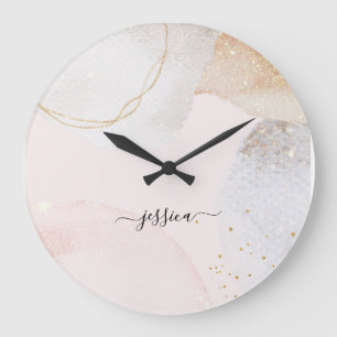 Modern blush pink abstract art script name large clock