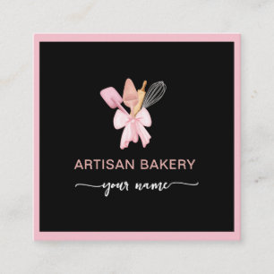 Modern Blush pink and black bow Bakery utensils Square Business Card