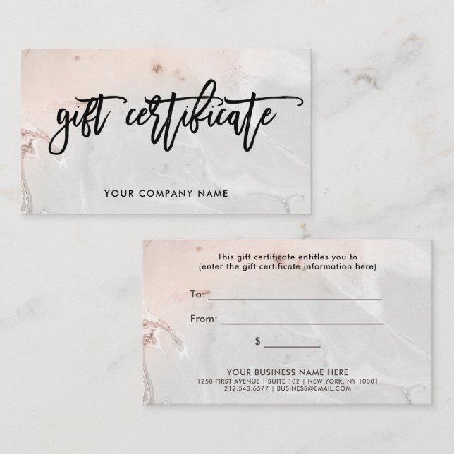 Modern Blush Pink and Grey Marble Gift Certificate (Front/Back)