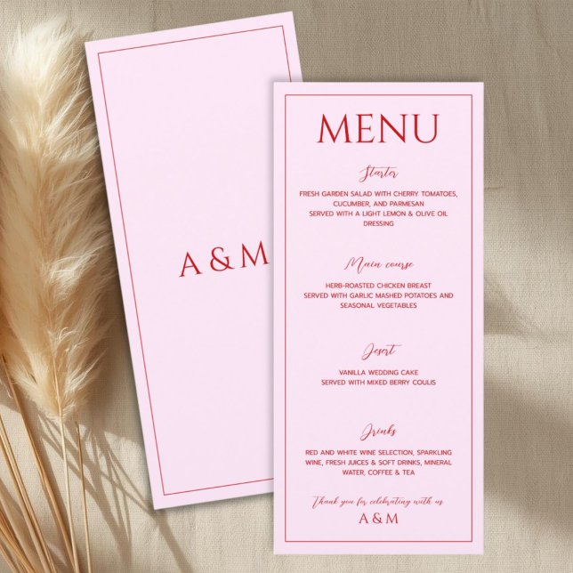 Modern blush pink and red minimalist wedding menu (Creator Uploaded)