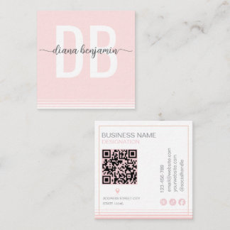 Modern blush pink and white monogram Qr Code Square Business Card