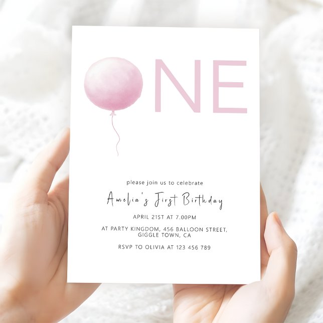 Modern Blush Pink Balloon Girl First Birthday Invitation (Creator Uploaded)