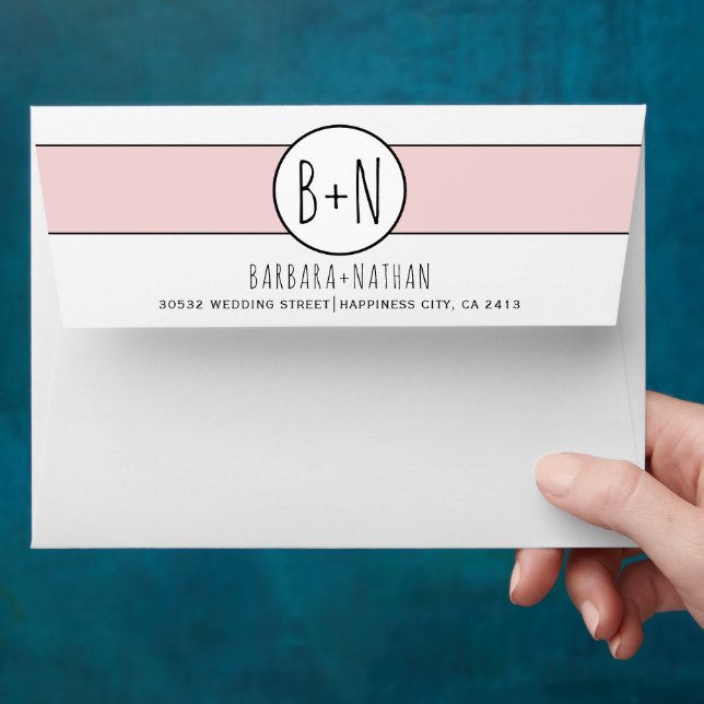 Modern blush pink band with initials wedding envelope (Hand)